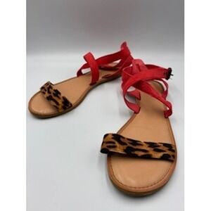 RAMPAGE Flat Sandals 11 Red Leopard Print Strappy Ankle Wrap Animal Print Boho